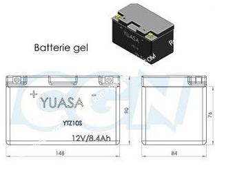 Batterie hautes performances YUASA YTZ105 12v 8,6A (gel sans entretien) pour moto, mécaboite, scooters...