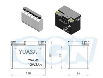 Batterie sans entretien YUASA YTX4L-BS 12v 3A pour moto, mécaboite, scooters...