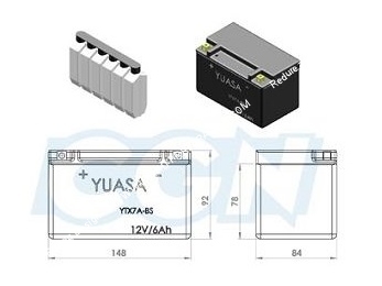 Batterie sans entretien YUASA YTX7A-BS 12v 6A pour moto, mécaboite, scooters...