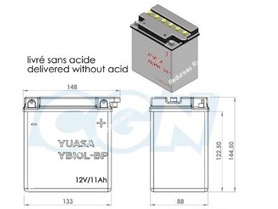 Batterie YUASA YB10L-BP 12v 12A (acide avec entretien) pour moto, mécaboite, scooters...