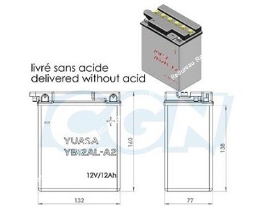 Batterie YUASA YB12AL-A2 12v 12A (acide avec entretien) pour moto, mécaboite, scooters...