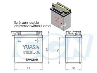 Batterie YUASA YB3L-A 12v (acide avec entretien) pour moto, mécaboite, scooters...