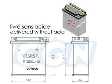 Batterie YUASA YB5L-B 12v (acide avec entretien) pour moto, mécaboite, scooters...