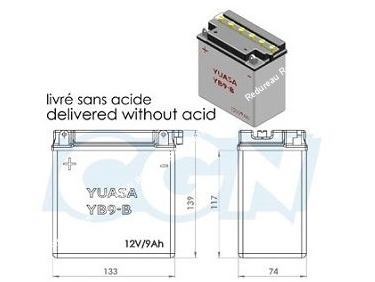 Batterie YUASA YB9-B 12v (acide avec entretien) pour moto, mécaboite, scooters...