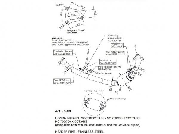 Photo du dessin technique du collecteur racing LEOVINCE de rechange pour pot LEOVINCE ou ORIGINE sur maxi scooter HONDA INTEGRA 700, 750 DCT de 2014 a 2015