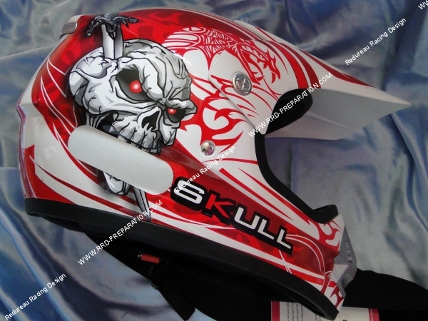 casque cross chok skull 12 blanc rouge verni