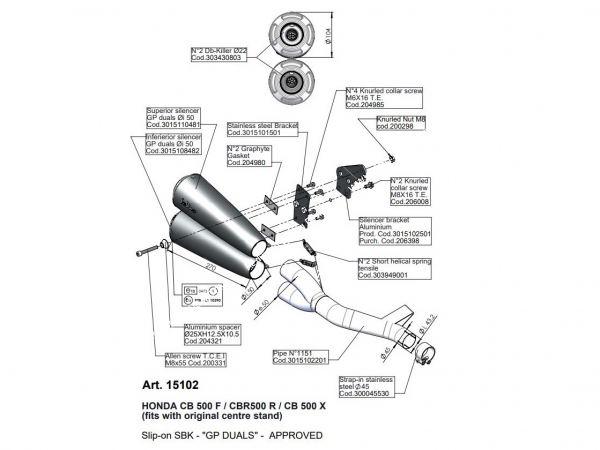 Photo du dessin technique du silencieux d'échappement LEOVINCE GP DUALS pour HONDA CB 500 F, X et CBR 500 de 2016 à 2018