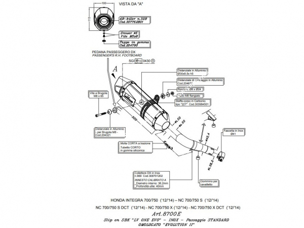 Photo du dessin technique du silencieux d'échappement LEOVINCE LV ONE EVO pour Maxi-Scooter HONDA INTEGRA 700, 750 DCT de 2014 à 2015