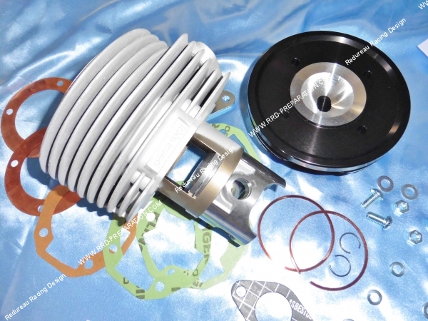 Photo du cylindre, piston, segment, axe, culasse et jont du kit Parmakit 195cc pour vespa