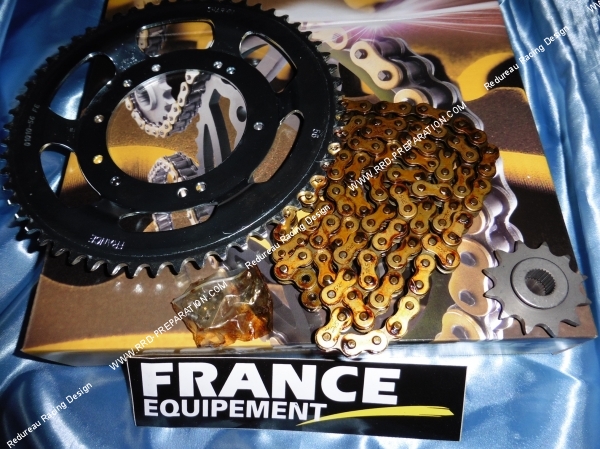 Photo du kit chaîne France équipement renforcé PEUGEOT 103 CLIP (jantes 10 bâtons) avec pignon, couronne et chaine