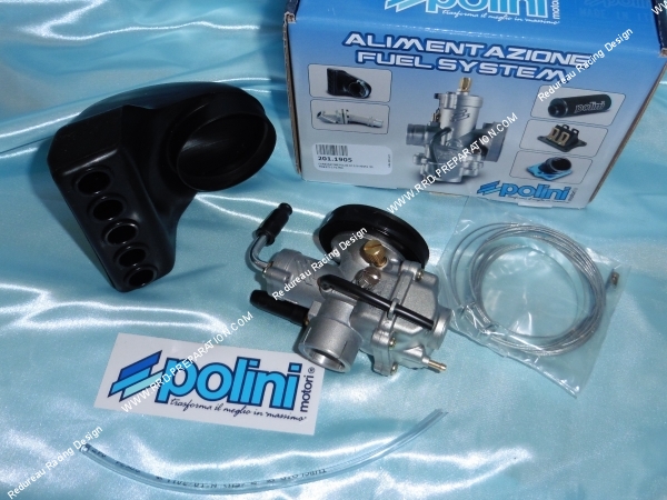Photo du kit de carburation complet POLINI CP 19 avec filtre à air et câble spécial pour VESPA HP, FL2, SPECIAL, XL, PRIMAVERA, ET3, PK 50 et 125