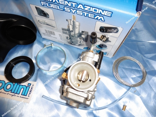 Photo du carburateur complet  POLINI CP 21 avec filtre à air et câble spécial pour VESPA HP, FL2, SPECIAL, XL, PRIMAVERA, ET3, PK 50 et 125