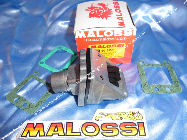 Photo des clapets et de la pipe d'admission MALOSSI (pipe+boite+clapets) Ø21mm Peugeot XP 50 carters origine