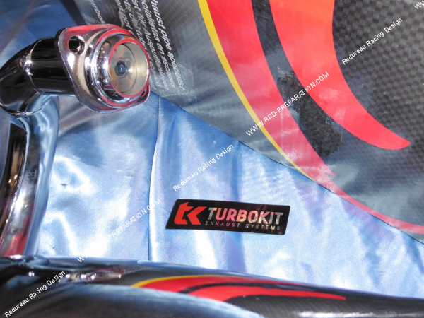 Photo de l'entrée du pot d'échappement TURBOKIT TK Chrome Racing Carbone passage haut pour DERBI BULTACO LOBISTO, ASTRO 50... Cadre tubulaire