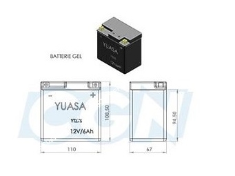 schéma Batterie hautes performances YUASA YTZ7-S 12v 6A (gel sans entretien) pour moto, mécaboite, scooters...