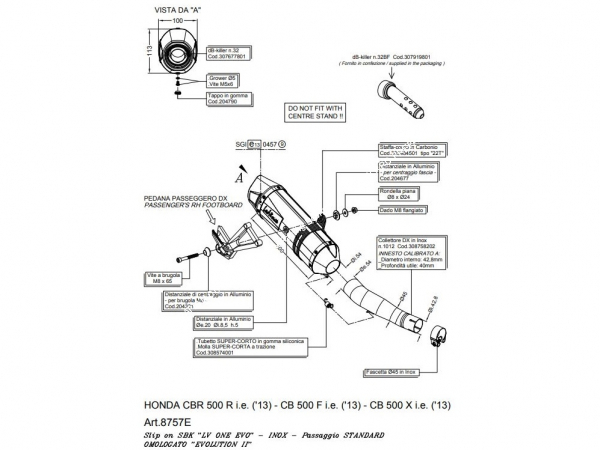 Photo du dessin technique du silencieux d'échappement LEOVINCE LV ONE EVO pour HONDA CB 500 F, X et CBR 500 de 2013 à 2015