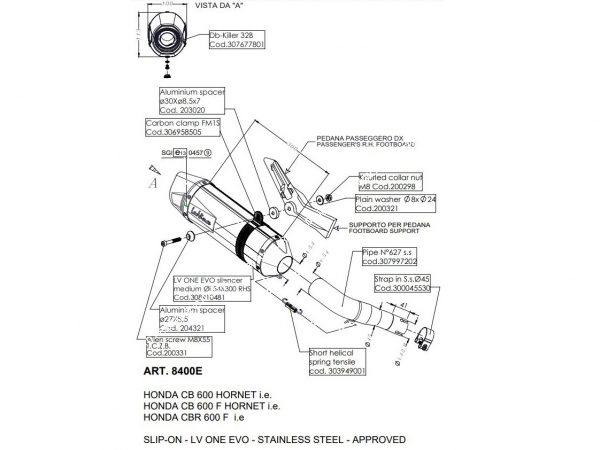 Photo du dessin technique du silencieux d'échappement LEOVINCE LV ONE EVO pour HONDA CB 600 F et CBR HORNET de 2007 à 2013