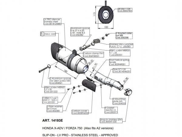 Photo du dessin technique du silencieux d'échappement LEOVINCE LV PRO pour HONDA FORZA 750 et X-ADV à partir de 2021