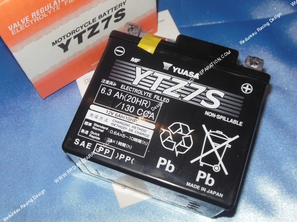 vue Batterie hautes performances YUASA YTZ7-S 12v 6A (gel sans entretien) pour moto, mécaboite, scooters