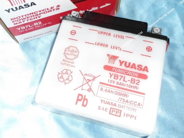 vue Batterie YUASA YB7L-B2 12v (acide avec entretien) pour moto, mécaboite, scooters...