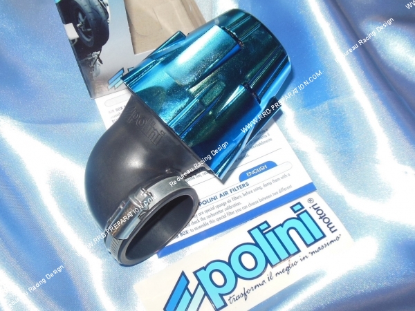 zoom Filtre a air, cornet mousse POLINI NEW Grand anodisé bleu avec cache coudé a 90° (Ø de fixation carburateur Ø3237 et 46mm)