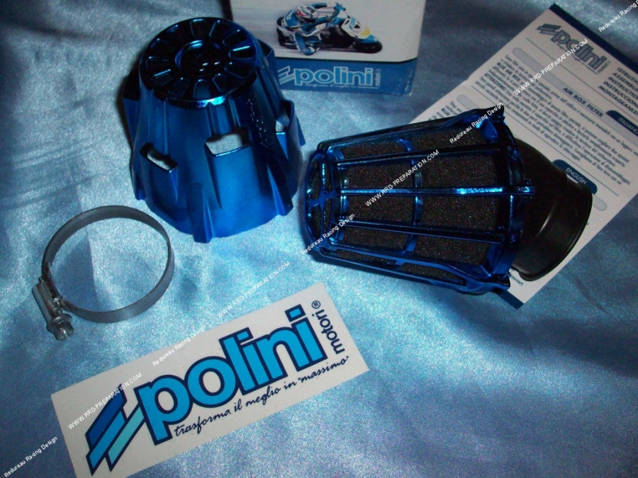 Air filter, blue anodized POLINI NEW foam horn with 45° angled cover (carburetor mounting Ø Ø32/37/ and 42mm)