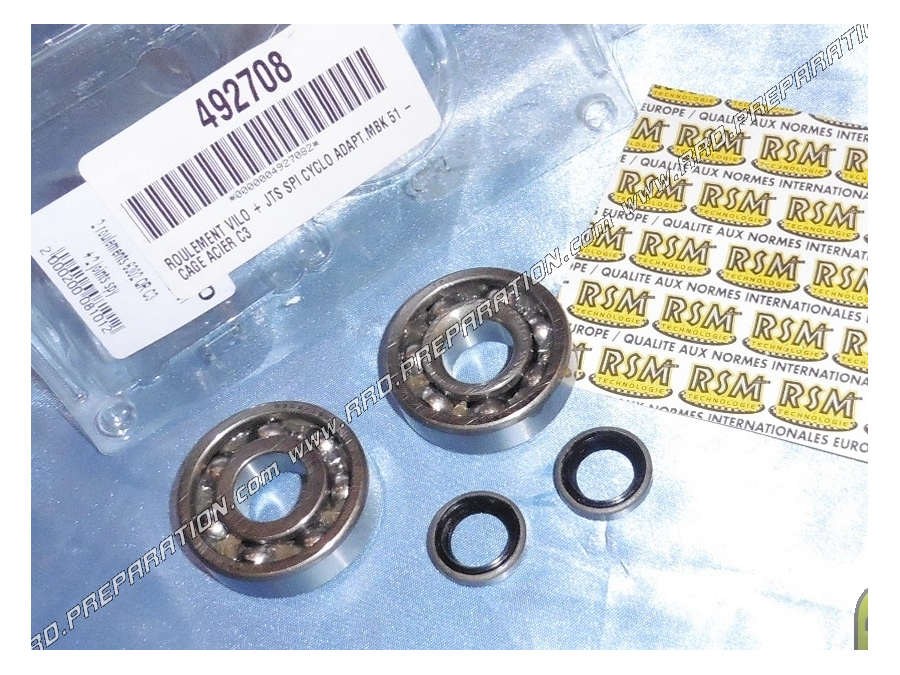2 reinforced bearings TPI steel cages + 2 CGN vilo oil seals (spi) for MBK 51, MOTOBECANE AV10, AV7