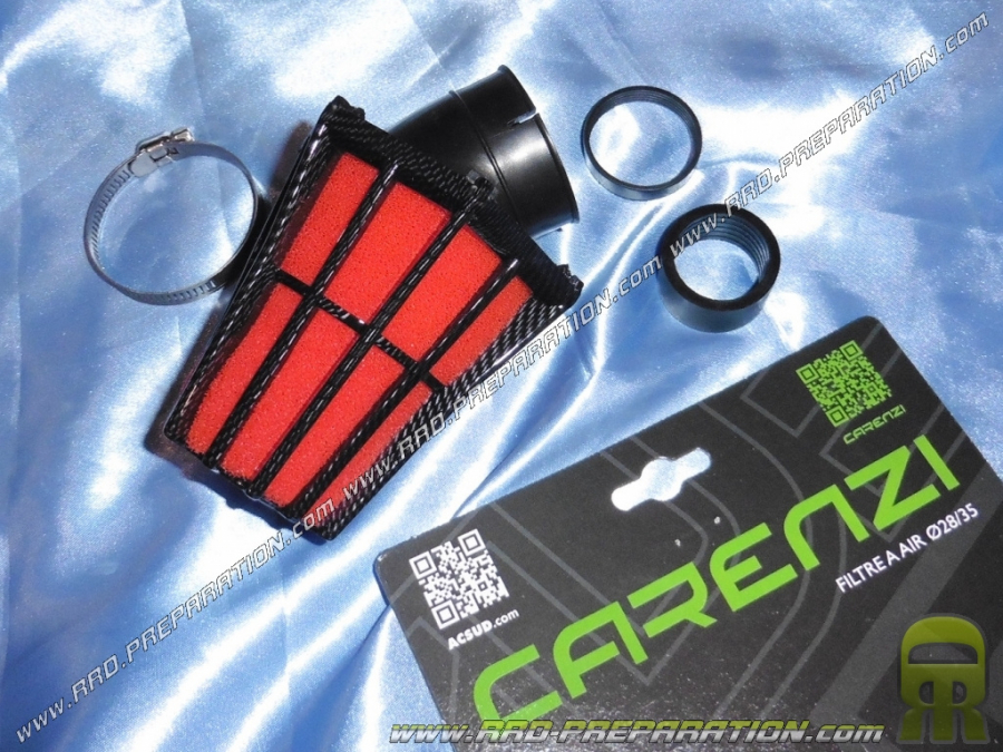 Filtro de aire, bocina de espuma CARENZI en ángulo de 30° (fijación del carburador Ø Ø28mm a 35mm) carbono y rojo