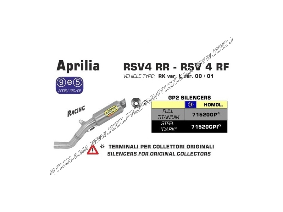 Silencieux ARROW GP2 avec intermédiaire inox pour APRILIA RSV4, FACTORY, TUONO V4R, APRC.... De 2009 a 2015
