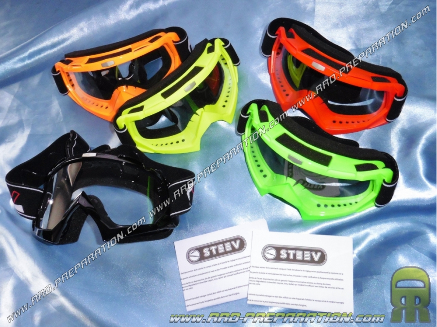 Lunettes moto-cross STEEV écran transparent, couleur argent, blanc, noir, orange fluo, rouge et vert fluo