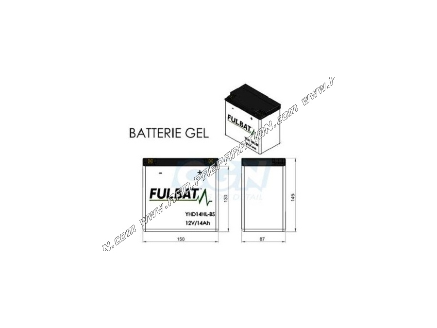Batterie FULBAT YHD14HL-BS 12V 14AH (gel sans entretien) pour moto, mécaboite, scooters...