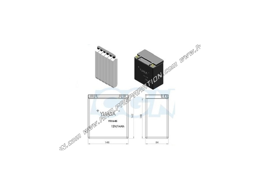 Batterie YUASA YTX16-BS 12v 16A (acide sans entretien) pour moto, mécaboite, scooters...