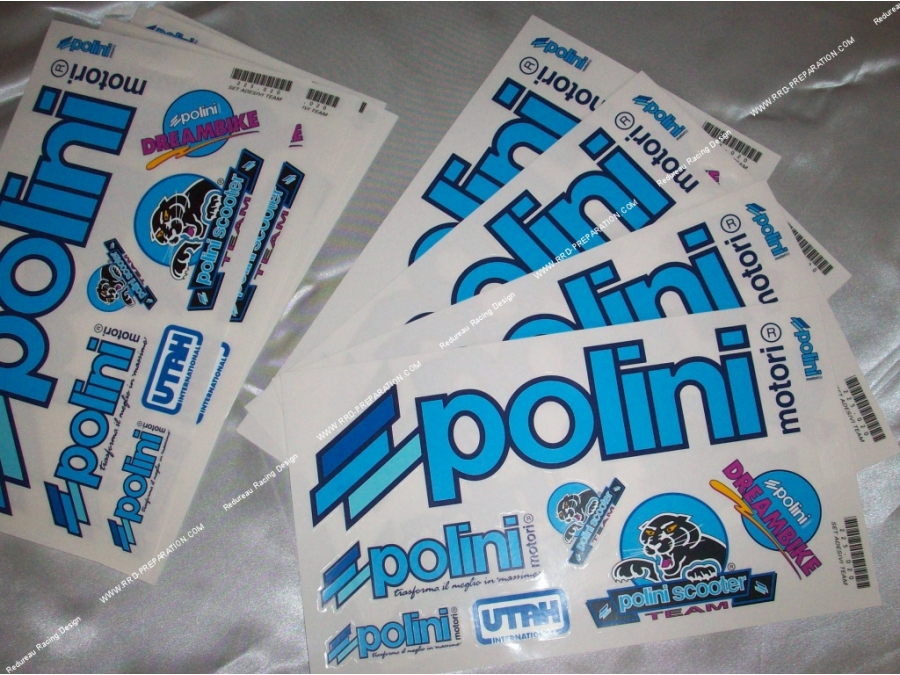 Tablero de 8 pegatinas POLINI motori sobre fondo transparente (30cmX17cm)