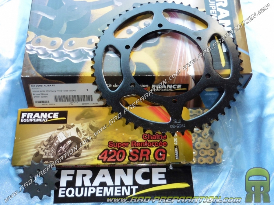 Kit chaine FRANCE EQUIPEMENT renforcé pour DERBI SENDA DRD RACING SM 2011 a 2012 ... dents aux choix