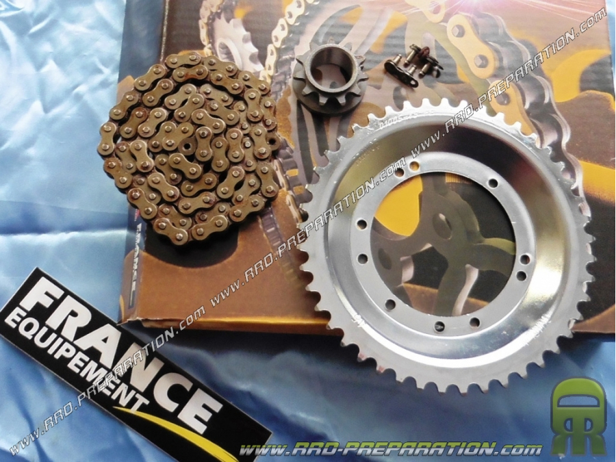 Kit chain FRANCE EQUIPEMENT reinforced for PEUGEOT 103 SP and SP 2 (rims 5 sticks sheet) toothings choices