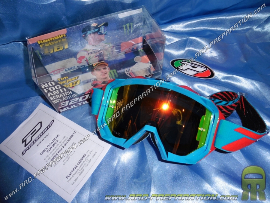 PROGRIP 3200 FL motocross goggles, anti-fog mirror screen & white, blue, green, orange, yellow, black, red, gray stripe