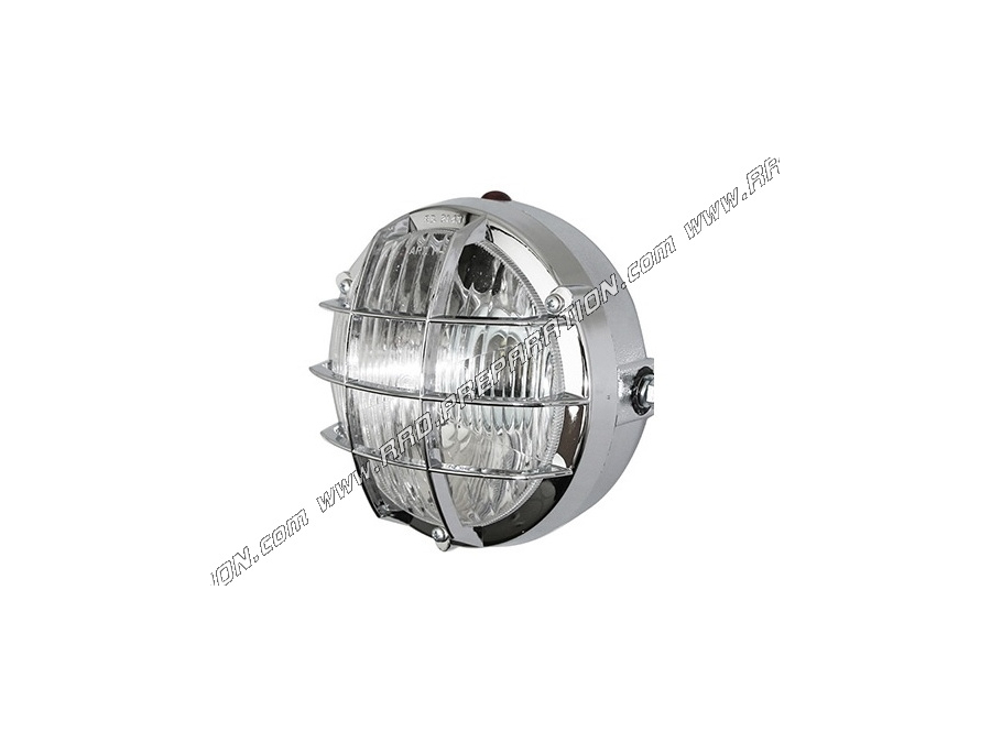 Phare avant (feu) rond chromé avec grille Ø103mm P2R pour cyclomoteur, mob, 103, 51, fox...