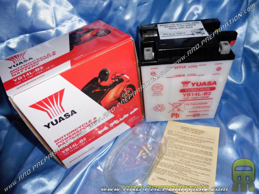 Batterie YUASA YB14L-B2 12v 14Ah (acide avec entretien) pour moto, mécaboite, scooters...