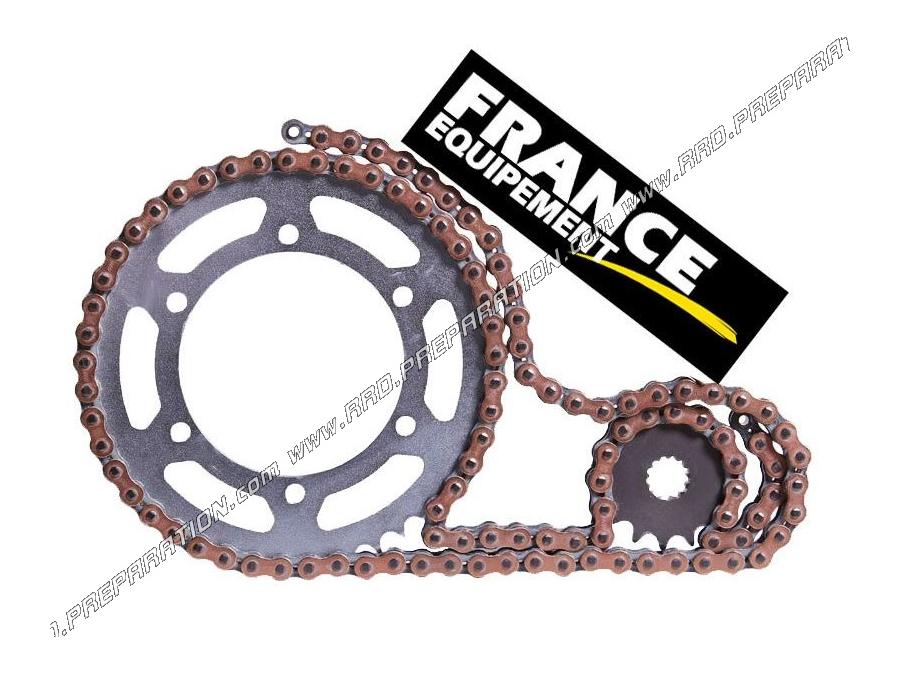 Kit chaine FRANCE EQUIPEMENT renforcé pour quad SUZUKI LT 80cc de 1987 à 2006