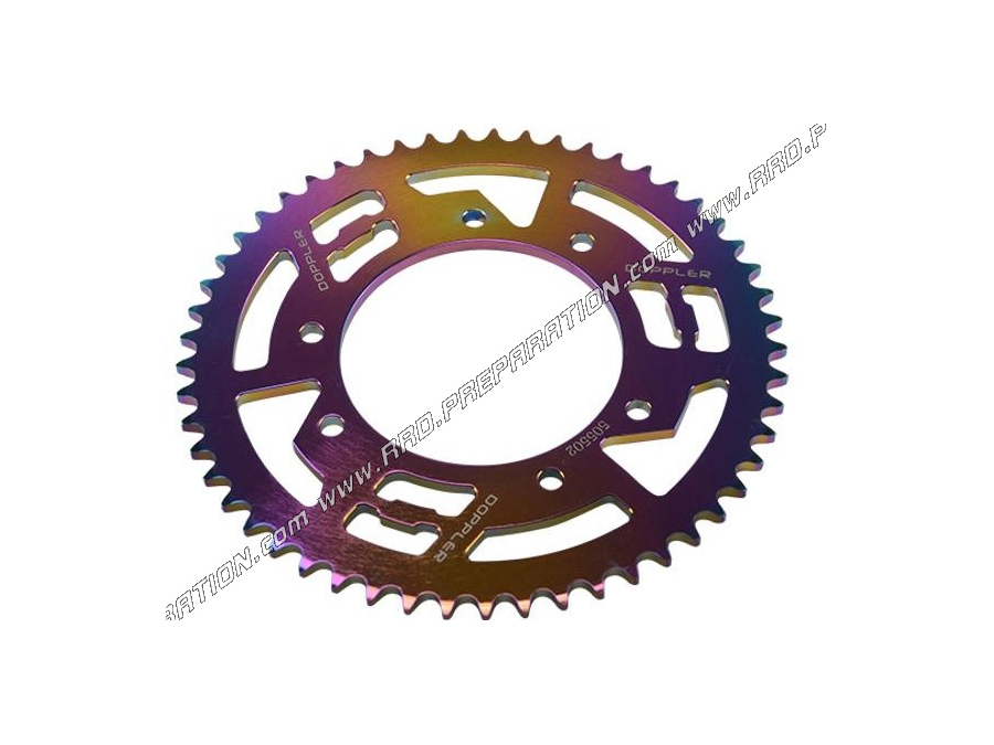 Couronne 53 dents en 420 DOPPLER pour DERBI SENDA DRD SM, PRO, R, LIMITED, RACING, X-TREM... couleur NEOCHROME