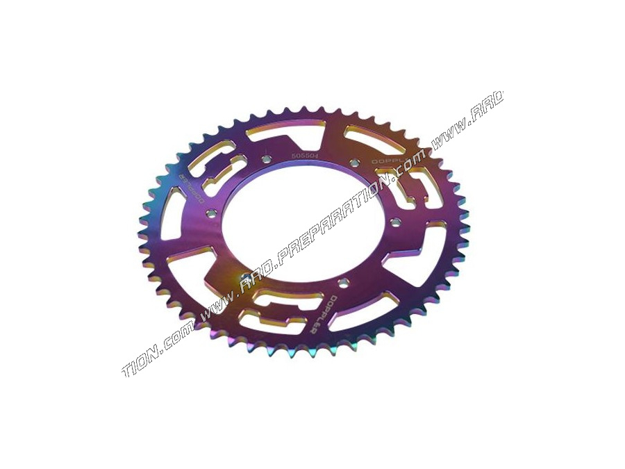 Crown 53 teeth in 420 DOPPLER for DERBI SENDA DRD, SM, DRD RACING, EVO, GPR NUDE, APRILIA RS4,... color NEOCHROME Crown 53 teeth in 420 DOPPLER for DERBI SENDA DRD, SM, DRD RACING, EVO, GPR NUDE, APRILIA RS4,... color NEOCHROME