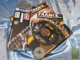 Kit chaine FRANCE EQUIPEMENT renforcé pour moto YAMAHA YBR 125 de 2005 à 2006 dentures aux choix