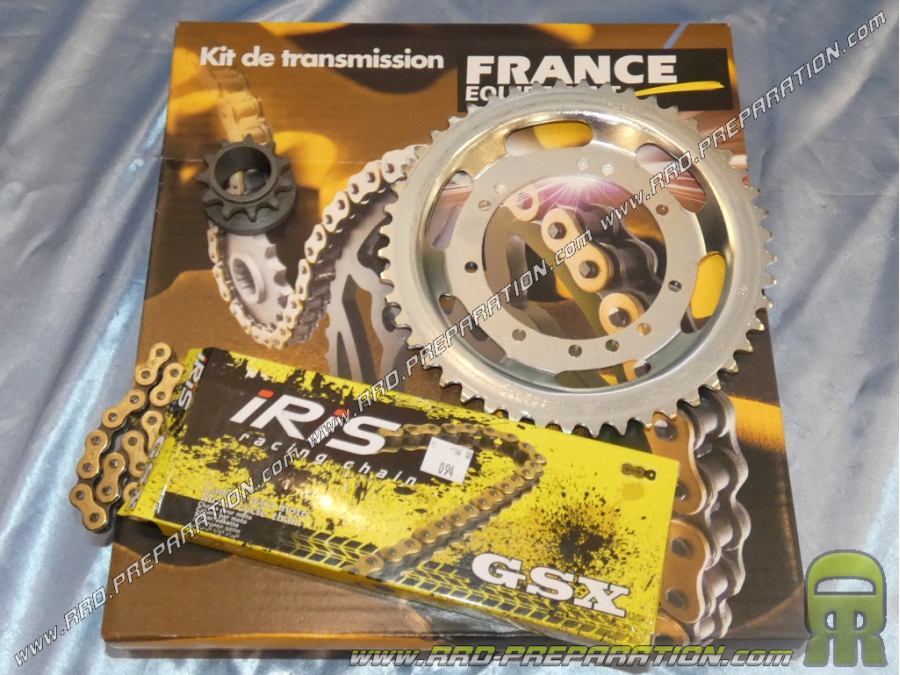 Chain Kit FRANCE EQUIPMENT reinforced for PEUGEOT 103 VOGUE V (with variator, rims spokes) toothing choices