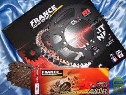 Kit chaine FRANCE EQUIPEMENT renforcé pour moto PEUGEOT XP6, XPS... 50cc avant 2001 dents au choix