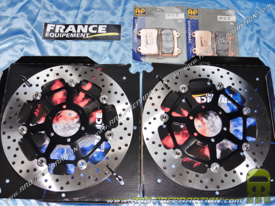 Kit freinage avant disque FRANCE EQUIPEMENT + plaquettes AP RACING pour YAMAHA FZ 700, 750, 850, APRILIA RS, DUCATI 620 ...