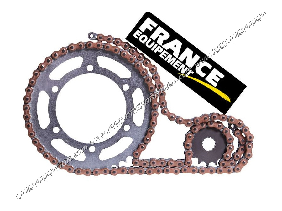 Kit chaine FRANCE EQUIPEMENT renforcé pour moto YAMAHA DT 50cc de 2007 à 2013 dent au choix