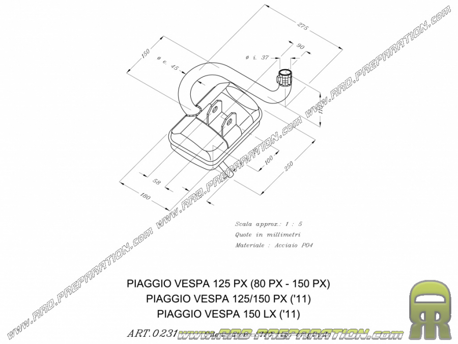 Pot d’échappement SITO pour PIAGGIO VESPA PX 80cc, 125cc, et 150cc 2T