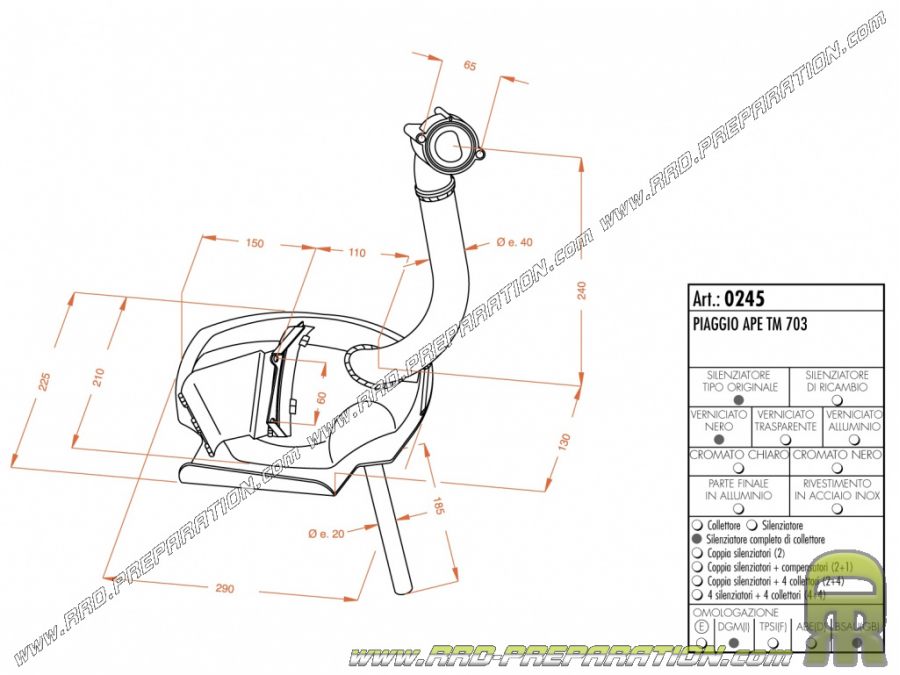 Pot d'échappement SITO pour scooter PIAGGIO VESPA APE TM 703