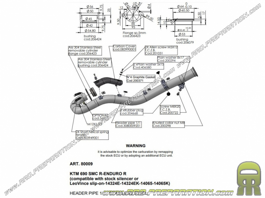 LEOVINCE manifold for LEOVINCE or ORIGIN silencer on KTM 690 EN DURO R from 2019 to 2020