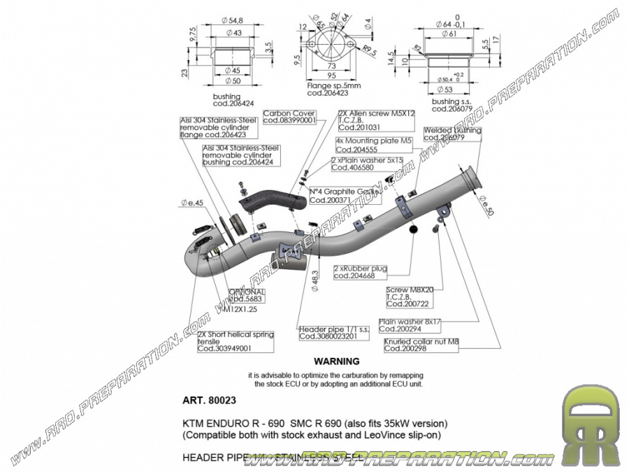 Colector LEOVINCE para silenciador LEOVINCE u ORIGIN en KTM 690 EN DURO R, 690 SMC R de 2019 a 2021